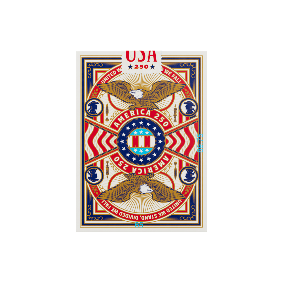 Back of Remembrance America 250 playing card tuck box showing the two-way patriotic card back design with eagles, shield, stars, and America 250 artwork.