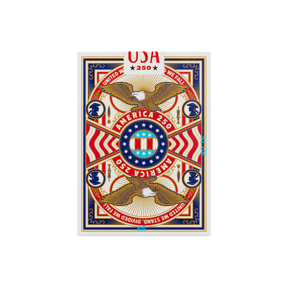 Back of Remembrance America 250 playing card tuck box showing the two-way patriotic card back design with eagles, shield, stars, and America 250 artwork.