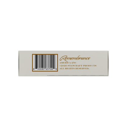 Bottom panel of the Remembrance America 250 playing card tuck box showing the barcode, Remembrance America 250 branding, and Stancraft Products copyright notice.