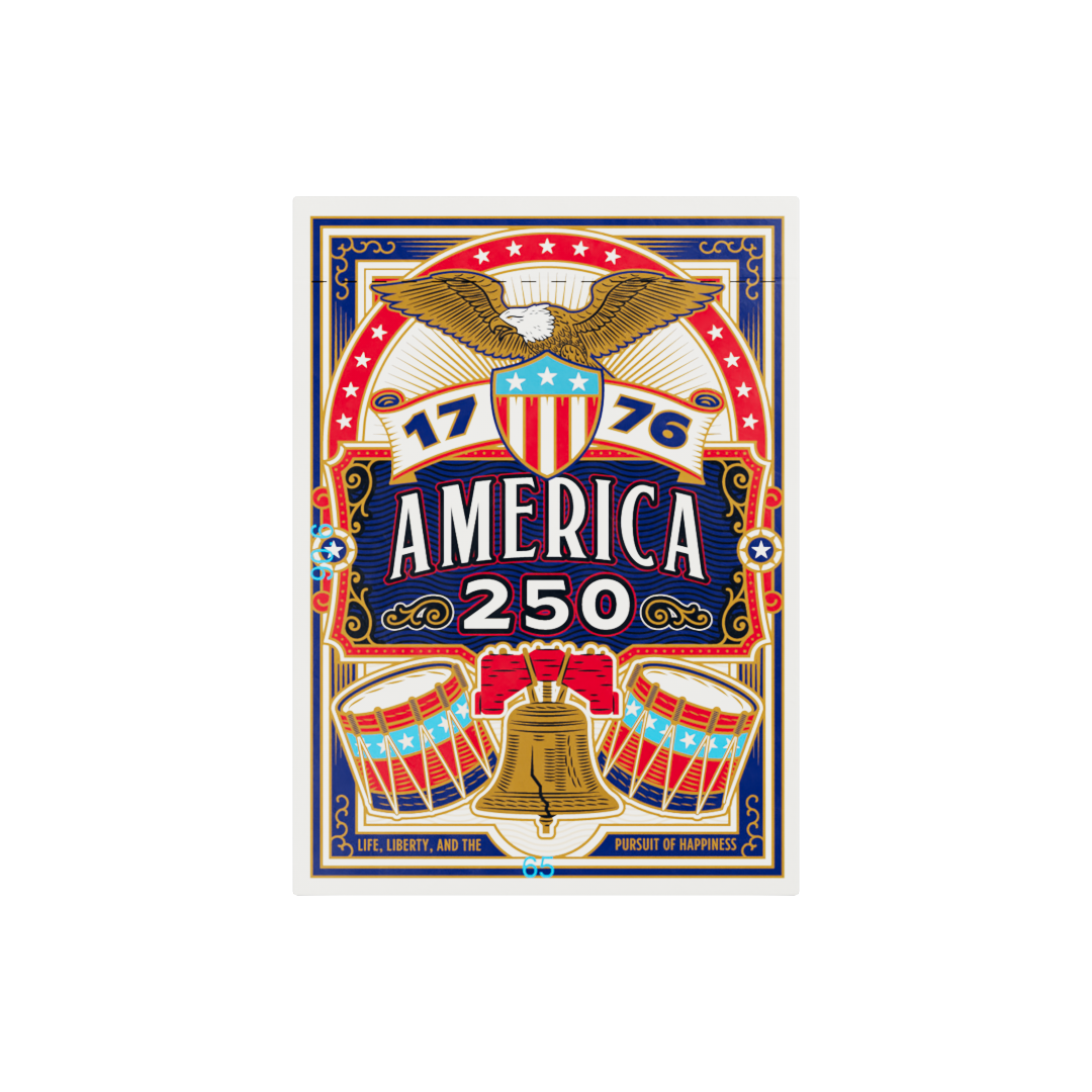 Front of Remembrance America 250 playing card tuck box with eagle, Liberty Bell, drums, and patriotic red, white, blue, and gold artwork.