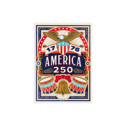 Front of Remembrance America 250 playing card tuck box with eagle, Liberty Bell, drums, and patriotic red, white, blue, and gold artwork.