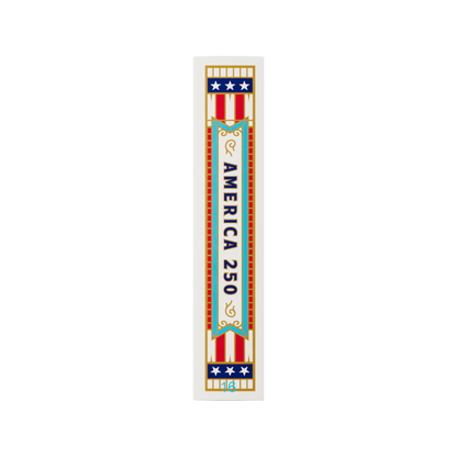 Left side panel of the Remembrance America 250 playing card tuck box with vertical America 250 lettering and patriotic border details.