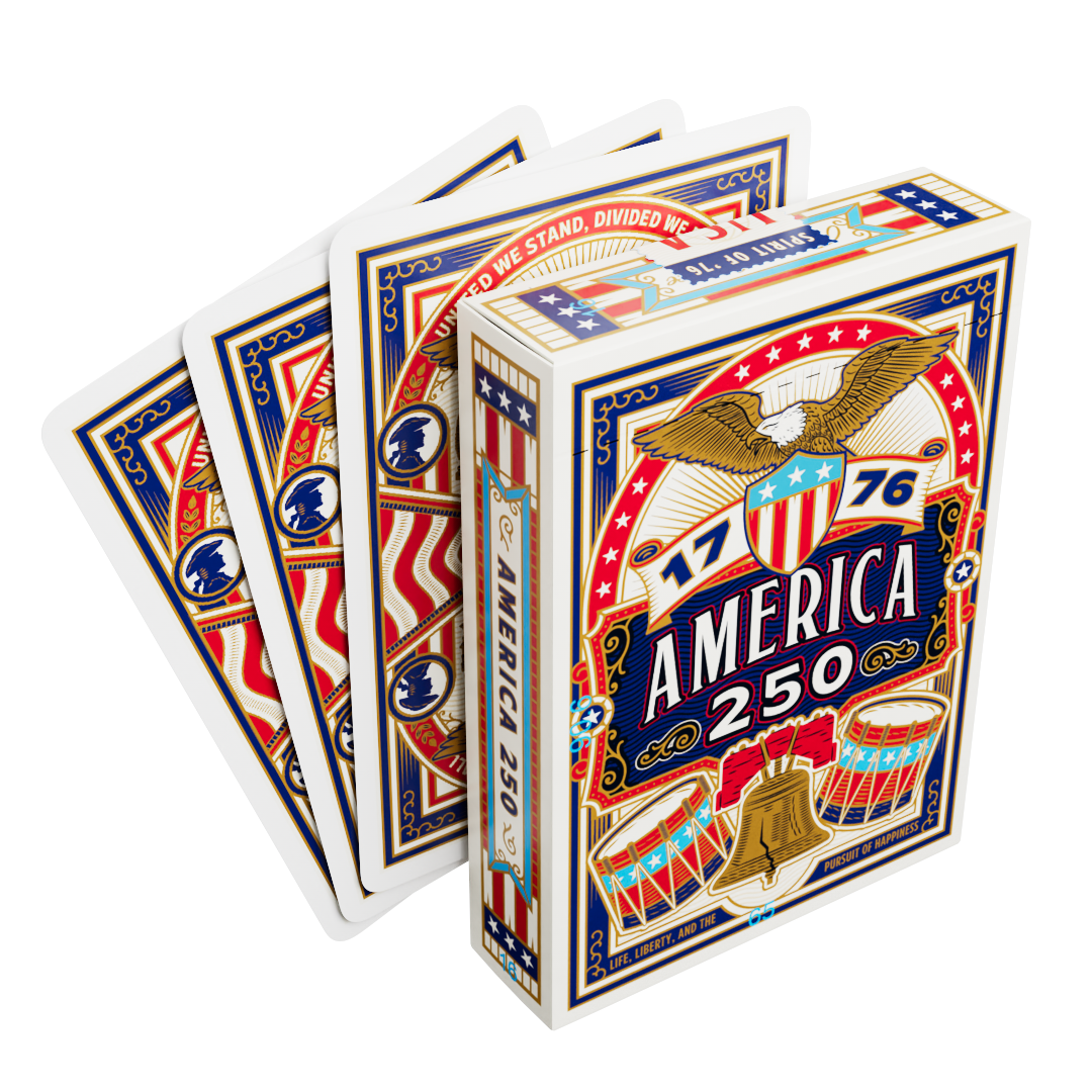 Remembrance America 250 playing card tuck box displayed with several cards showing the patriotic card back design.