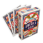 Remembrance America 250 playing card tuck box displayed with several cards showing the patriotic card back design.