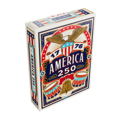 Angled left-side view of the Remembrance America 250 playing card tuck box showing the front and side panels.
