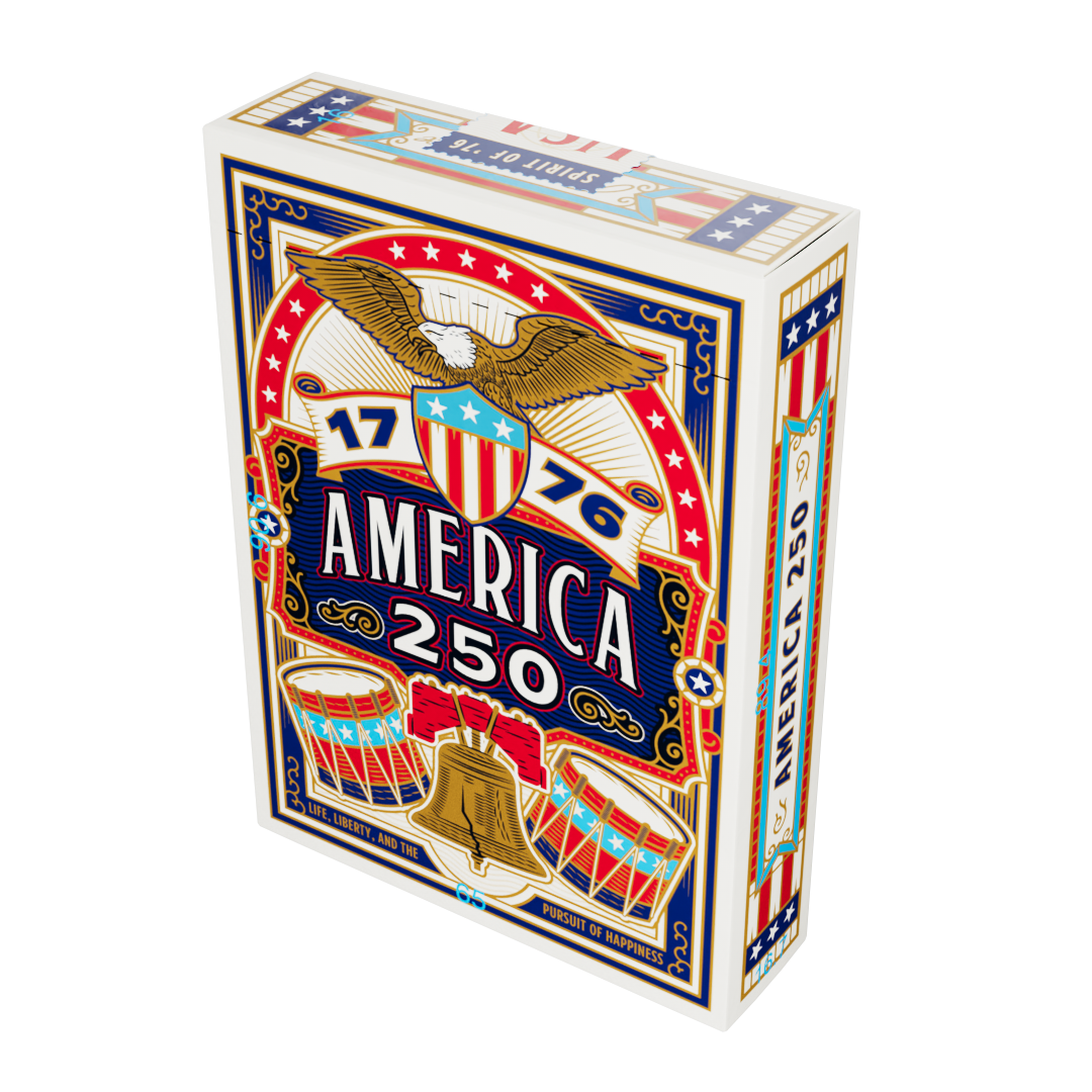 Angled right-side view of the Remembrance America 250 playing card tuck box showing the front and side panels.