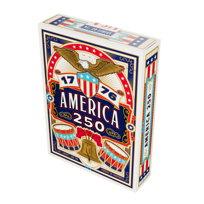 Angled right-side view of the Remembrance America 250 playing card tuck box showing the front and side panels.