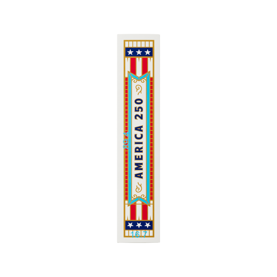 Right side panel of the Remembrance America 250 playing card tuck box with vertical America 250 lettering and patriotic border details.