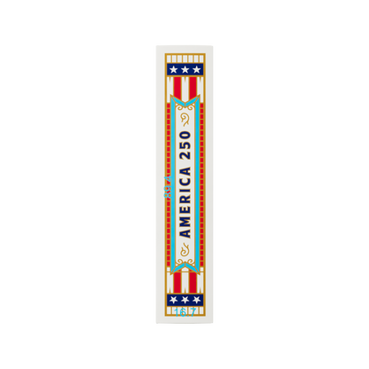 Right side panel of the Remembrance America 250 playing card tuck box with vertical America 250 lettering and patriotic border details.