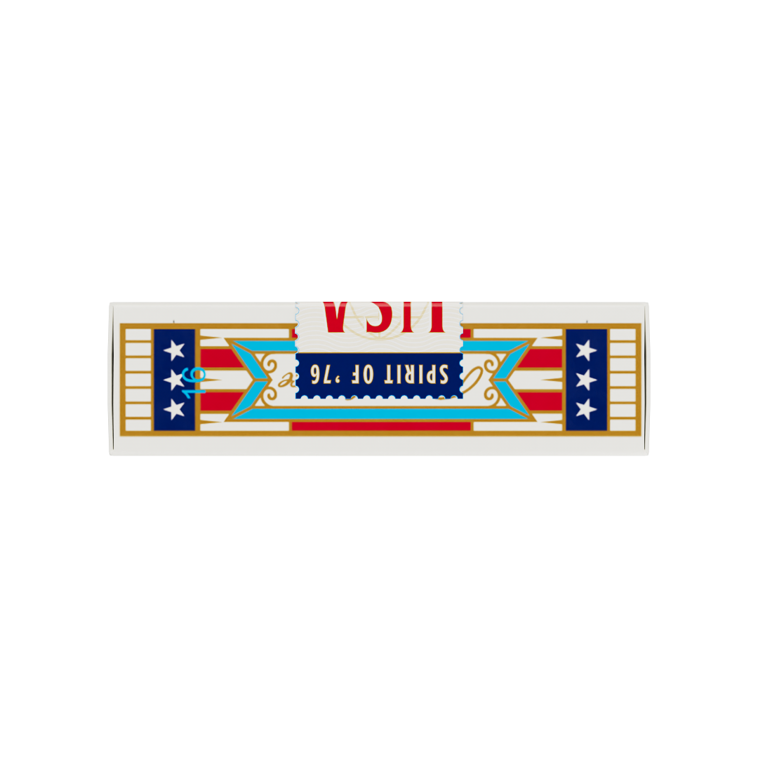 Top panel of the Remembrance America 250 playing card tuck box with Spirit of 76 banner and patriotic decoration.