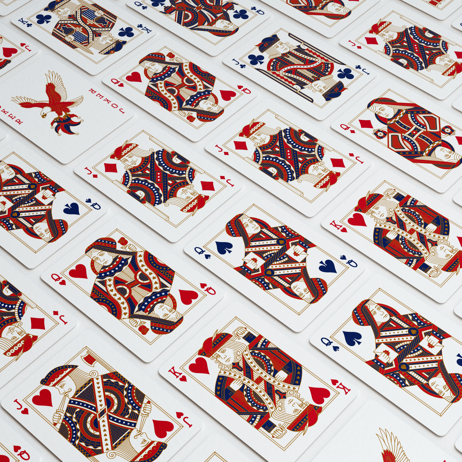 Custom red, white, blue, and gold court cards and eagle Jokers from the Remembrance America 250 playing card deck on green felt