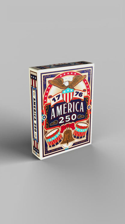 Rotating product view of the Remembrance America 250 playing card tuck box showing the front, back, sides, top, and bottom.